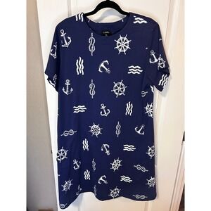 Links Navy Nautical Anchor Wheel Rope Wave Print Tunic Dress Top XL